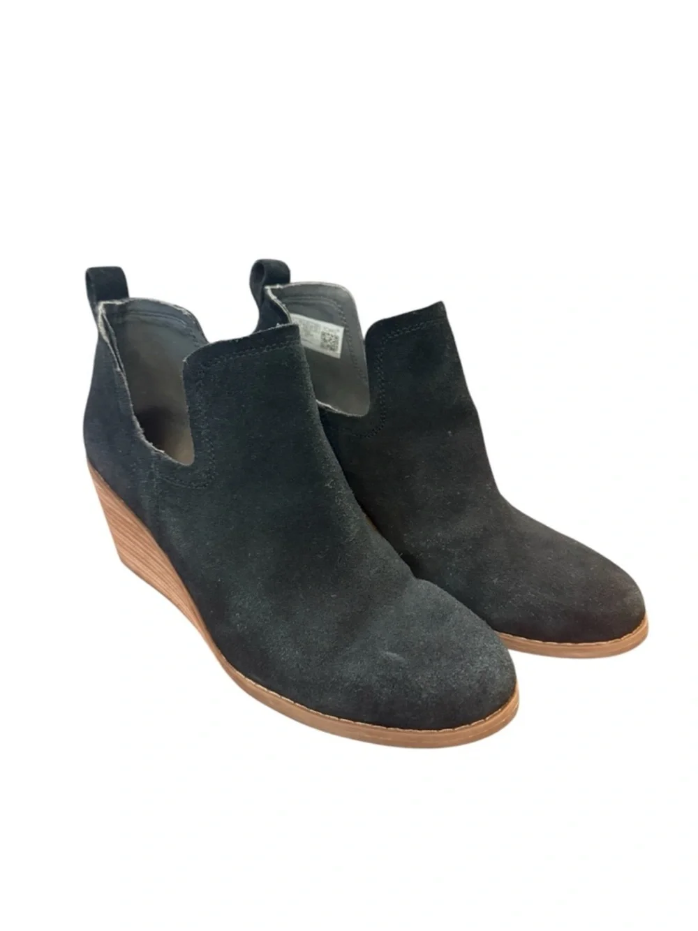 Toms Black Suede Wedge Booties with Stacked Brown Heel Women’s size 6 Slip-Ons